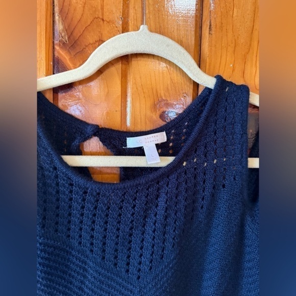 Lauren Conrad Navy Blue Knit Short Sleeve Sweater Scalloped and Eyelet Pattern - Picture 3 of 4